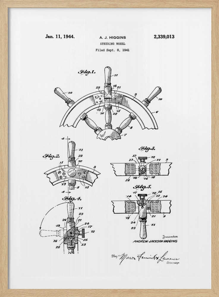 A framed black and white patent illustration for a steering wheel, invented by A. J. Higgins. The document, dated January 11, 1944, displays five detailed figures showing different views and cross-sections of the nautical wheel's construction. Wall Art