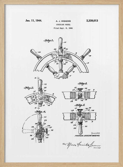 A framed black and white patent illustration for a steering wheel, invented by A. J. Higgins. The document, dated January 11, 1944, displays five detailed figures showing different views and cross-sections of the nautical wheel's construction. Wall Art