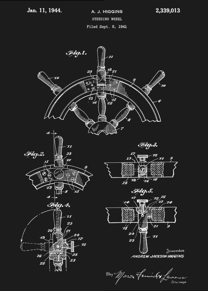 A vintage patent illustration for a steering wheel by A.J. Higgins, dated January 11, 1944. The artwork is a black and white blueprint-style drawing showing multiple figures and technical details of a ship's helm, presented in a black frame. Poster