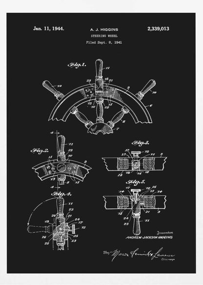 A vintage patent illustration for a steering wheel by A.J. Higgins, dated January 11, 1944. The artwork is a black and white blueprint-style drawing showing multiple figures and technical details of a ship's helm, presented in a black frame. Poster