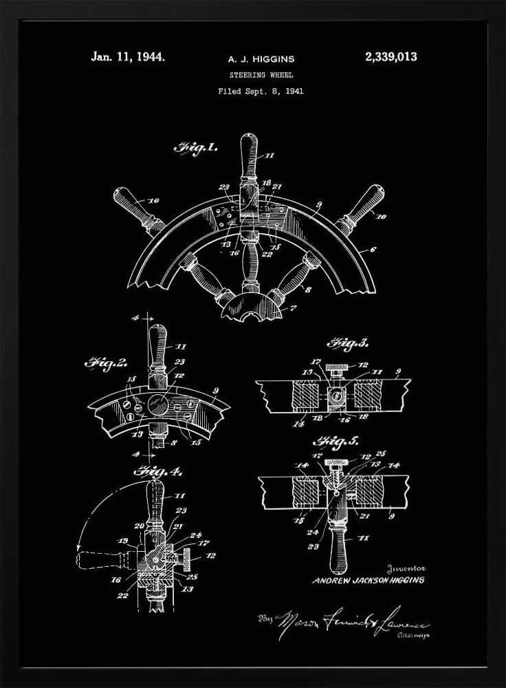 A vintage patent illustration for a steering wheel by A.J. Higgins, dated January 11, 1944. The artwork is a black and white blueprint-style drawing showing multiple figures and technical details of a ship's helm, presented in a black frame. Poster