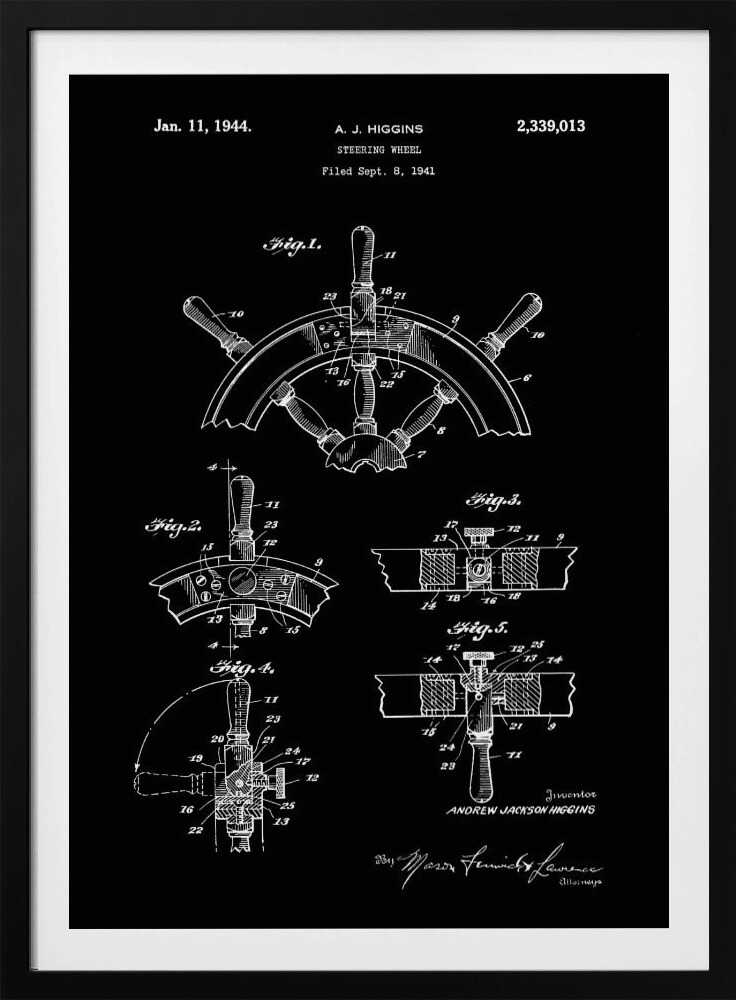 A vintage patent illustration for a steering wheel by A.J. Higgins, dated January 11, 1944. The artwork is a black and white blueprint-style drawing showing multiple figures and technical details of a ship's helm, presented in a black frame. Poster