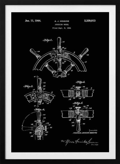 A vintage patent illustration for a steering wheel by A.J. Higgins, dated January 11, 1944. The artwork is a black and white blueprint-style drawing showing multiple figures and technical details of a ship's helm, presented in a black frame. Poster