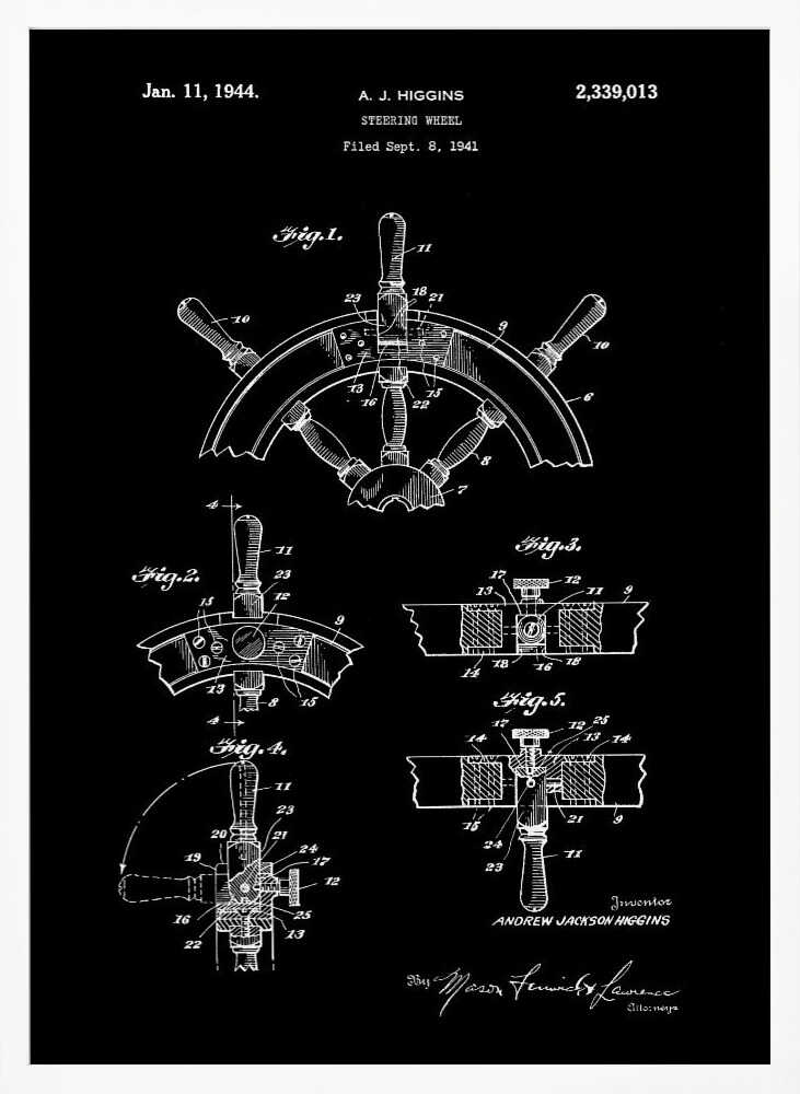 A vintage patent illustration for a steering wheel by A.J. Higgins, dated January 11, 1944. The artwork is a black and white blueprint-style drawing showing multiple figures and technical details of a ship's helm, presented in a black frame. Poster