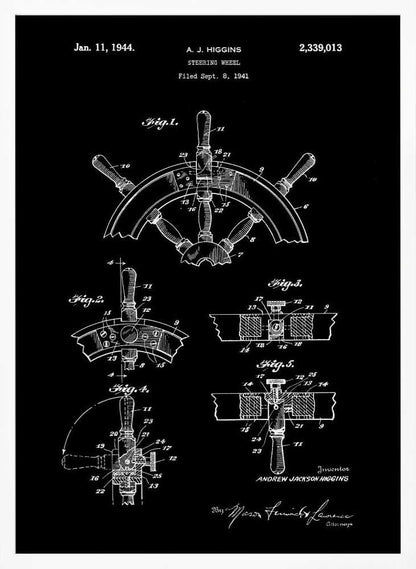 A vintage patent illustration for a steering wheel by A.J. Higgins, dated January 11, 1944. The artwork is a black and white blueprint-style drawing showing multiple figures and technical details of a ship's helm, presented in a black frame. Poster