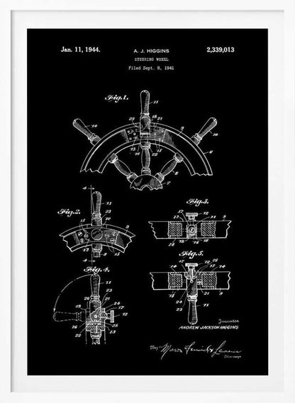 A vintage patent illustration for a steering wheel by A.J. Higgins, dated January 11, 1944. The artwork is a black and white blueprint-style drawing showing multiple figures and technical details of a ship's helm, presented in a black frame. Poster