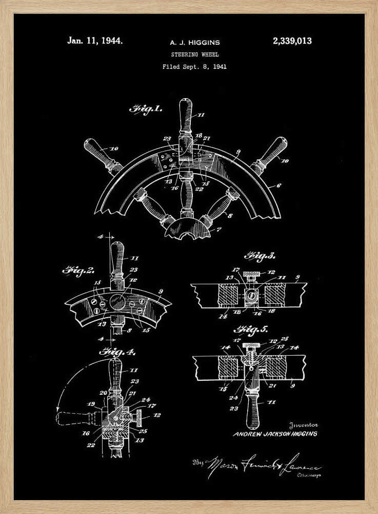 A vintage patent illustration for a steering wheel by A.J. Higgins, dated January 11, 1944. The artwork is a black and white blueprint-style drawing showing multiple figures and technical details of a ship's helm, presented in a black frame. Poster