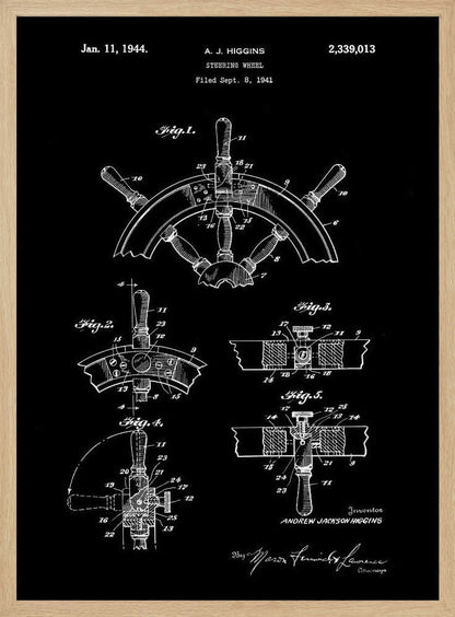 A vintage patent illustration for a steering wheel by A.J. Higgins, dated January 11, 1944. The artwork is a black and white blueprint-style drawing showing multiple figures and technical details of a ship's helm, presented in a black frame. Poster