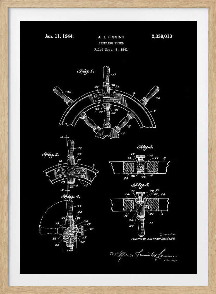 A vintage patent illustration for a steering wheel by A.J. Higgins, dated January 11, 1944. The artwork is a black and white blueprint-style drawing showing multiple figures and technical details of a ship's helm, presented in a black frame. Poster