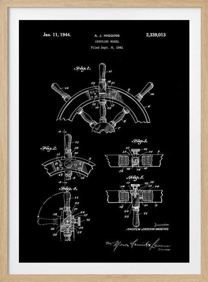 A vintage patent illustration for a steering wheel by A.J. Higgins, dated January 11, 1944. The artwork is a black and white blueprint-style drawing showing multiple figures and technical details of a ship's helm, presented in a black frame. Poster