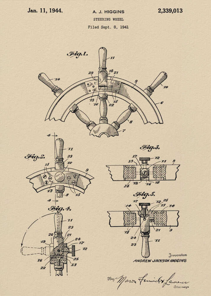 A framed art print of the 1944 patent for a steering wheel by A. J. Higgins. The print features detailed technical drawings in black ink on a beige, parchment-like background, showing various angles and cross-sections of the ship's wheel. The text includes the patent number, date, and inventor's name. Print