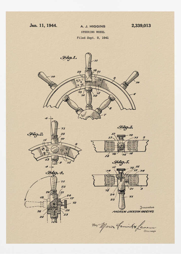 A framed art print of the 1944 patent for a steering wheel by A. J. Higgins. The print features detailed technical drawings in black ink on a beige, parchment-like background, showing various angles and cross-sections of the ship's wheel. The text includes the patent number, date, and inventor's name. Print