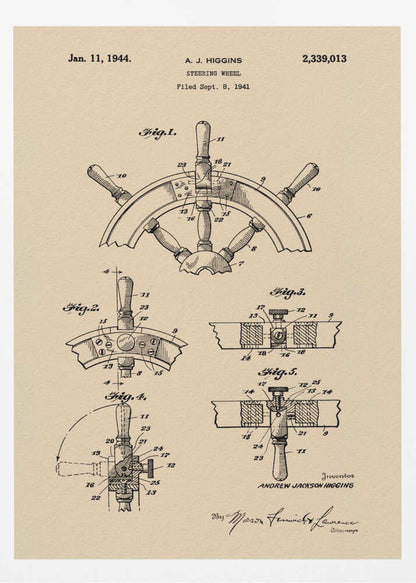 A framed art print of the 1944 patent for a steering wheel by A. J. Higgins. The print features detailed technical drawings in black ink on a beige, parchment-like background, showing various angles and cross-sections of the ship's wheel. The text includes the patent number, date, and inventor's name. Print