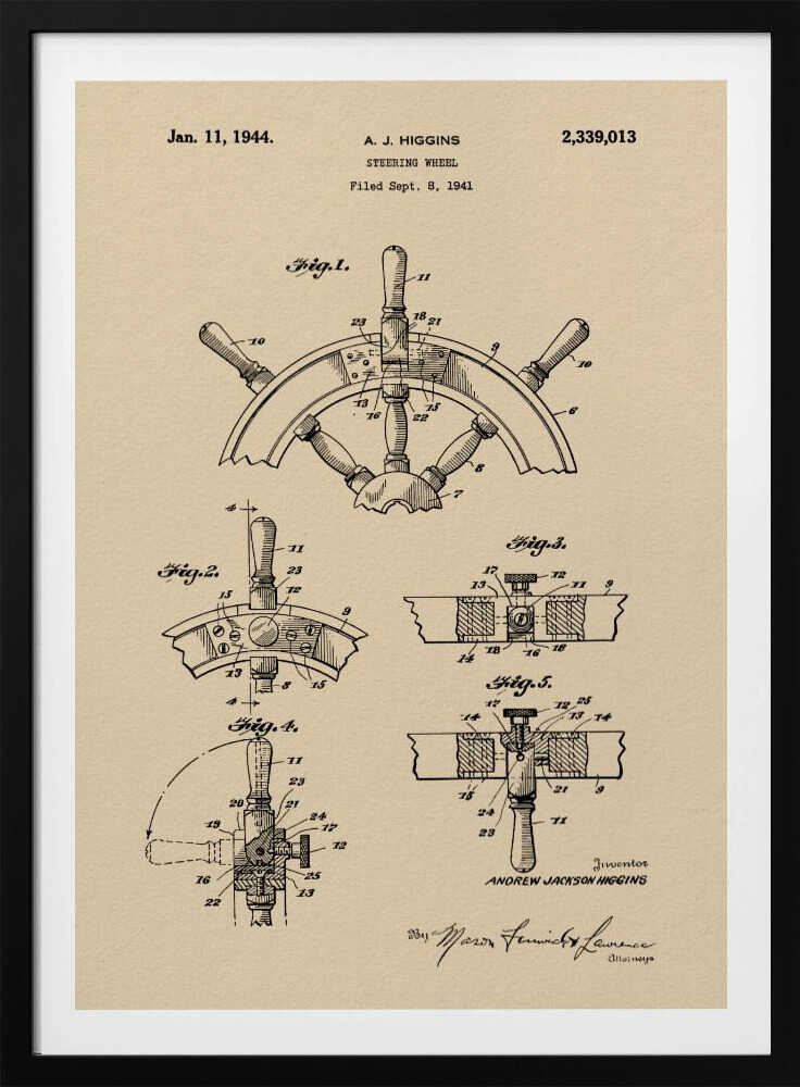 A framed art print of the 1944 patent for a steering wheel by A. J. Higgins. The print features detailed technical drawings in black ink on a beige, parchment-like background, showing various angles and cross-sections of the ship's wheel. The text includes the patent number, date, and inventor's name. Print
