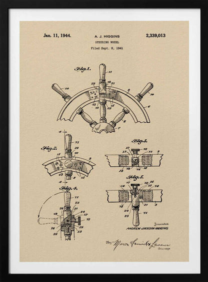 A framed art print of the 1944 patent for a steering wheel by A. J. Higgins. The print features detailed technical drawings in black ink on a beige, parchment-like background, showing various angles and cross-sections of the ship's wheel. The text includes the patent number, date, and inventor's name. Print