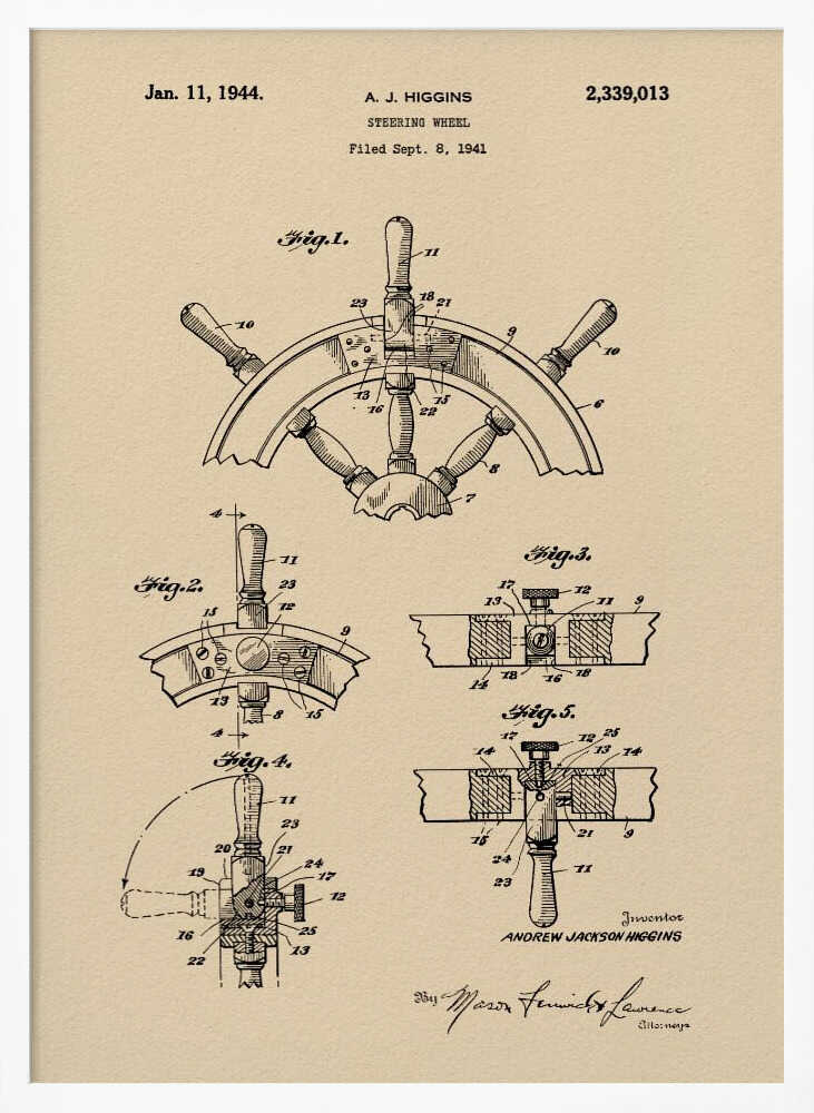 A framed art print of the 1944 patent for a steering wheel by A. J. Higgins. The print features detailed technical drawings in black ink on a beige, parchment-like background, showing various angles and cross-sections of the ship's wheel. The text includes the patent number, date, and inventor's name. Print