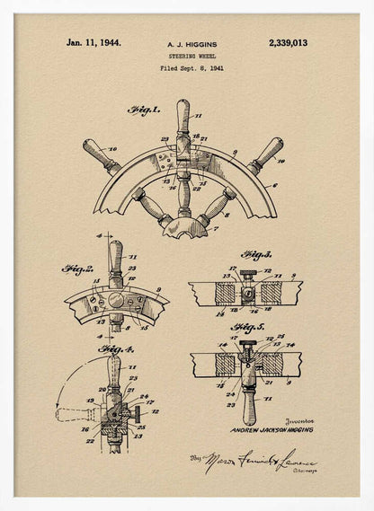 A framed art print of the 1944 patent for a steering wheel by A. J. Higgins. The print features detailed technical drawings in black ink on a beige, parchment-like background, showing various angles and cross-sections of the ship's wheel. The text includes the patent number, date, and inventor's name. Print