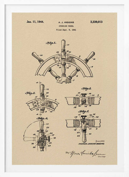 A framed art print of the 1944 patent for a steering wheel by A. J. Higgins. The print features detailed technical drawings in black ink on a beige, parchment-like background, showing various angles and cross-sections of the ship's wheel. The text includes the patent number, date, and inventor's name. Print