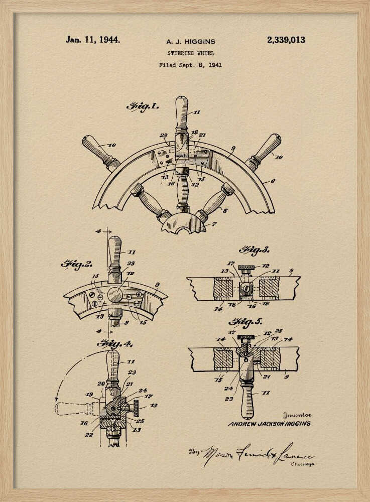 A framed art print of the 1944 patent for a steering wheel by A. J. Higgins. The print features detailed technical drawings in black ink on a beige, parchment-like background, showing various angles and cross-sections of the ship's wheel. The text includes the patent number, date, and inventor's name. Print