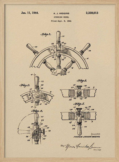 A framed art print of the 1944 patent for a steering wheel by A. J. Higgins. The print features detailed technical drawings in black ink on a beige, parchment-like background, showing various angles and cross-sections of the ship's wheel. The text includes the patent number, date, and inventor's name. Print