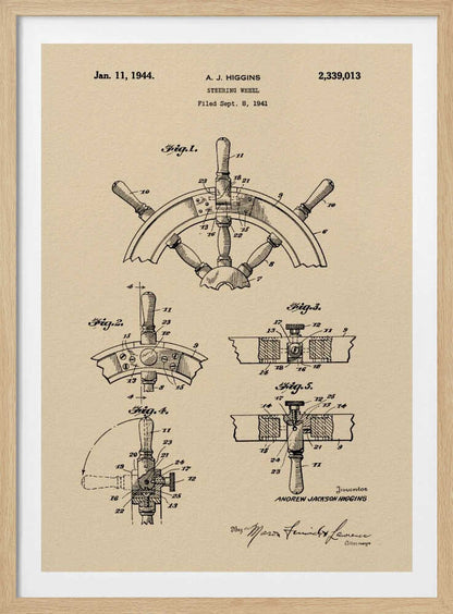A framed art print of the 1944 patent for a steering wheel by A. J. Higgins. The print features detailed technical drawings in black ink on a beige, parchment-like background, showing various angles and cross-sections of the ship's wheel. The text includes the patent number, date, and inventor's name. Print