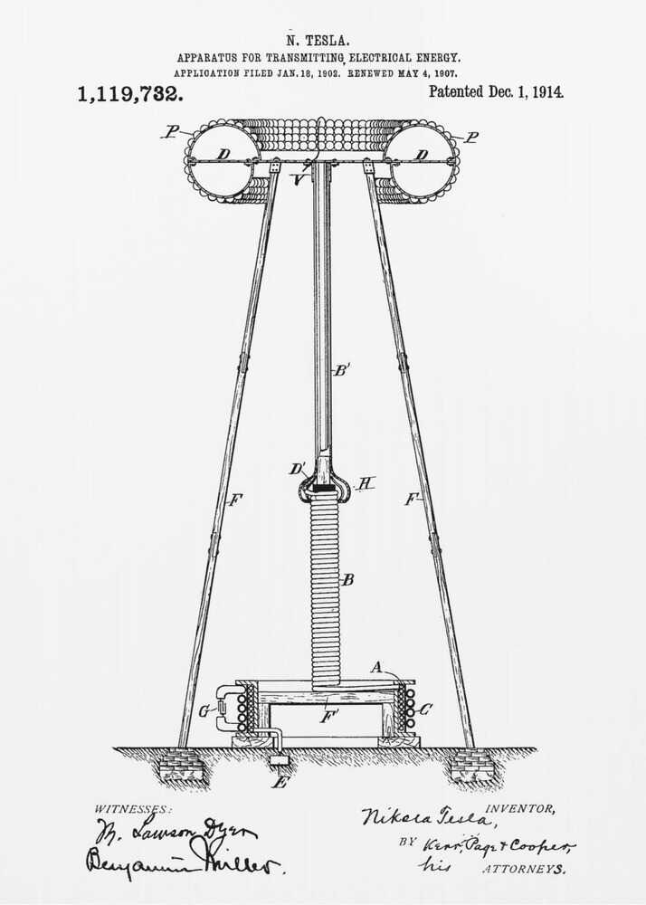 A framed black and white patent illustration by Nikola Tesla for an 'APPARATUS FOR TRANSMITTING ELECTRICAL ENERGY,' dated 1914. The technical drawing shows a large coil and tower structure with labeled parts, and includes signatures of the inventor and witnesses at the bottom. Wall Art
