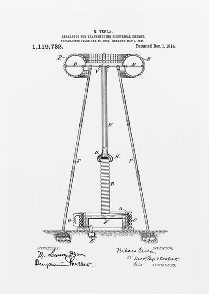 A framed black and white patent illustration by Nikola Tesla for an 'APPARATUS FOR TRANSMITTING ELECTRICAL ENERGY,' dated 1914. The technical drawing shows a large coil and tower structure with labeled parts, and includes signatures of the inventor and witnesses at the bottom. Wall Art