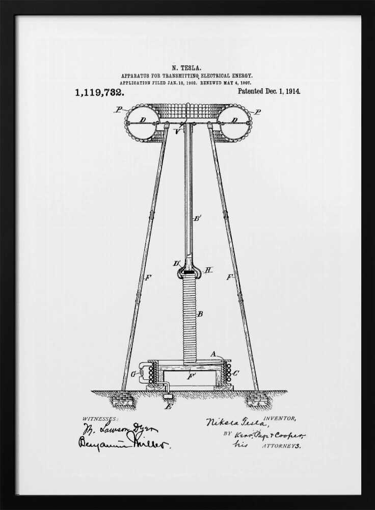 A framed black and white patent illustration by Nikola Tesla for an 'APPARATUS FOR TRANSMITTING ELECTRICAL ENERGY,' dated 1914. The technical drawing shows a large coil and tower structure with labeled parts, and includes signatures of the inventor and witnesses at the bottom. Wall Art