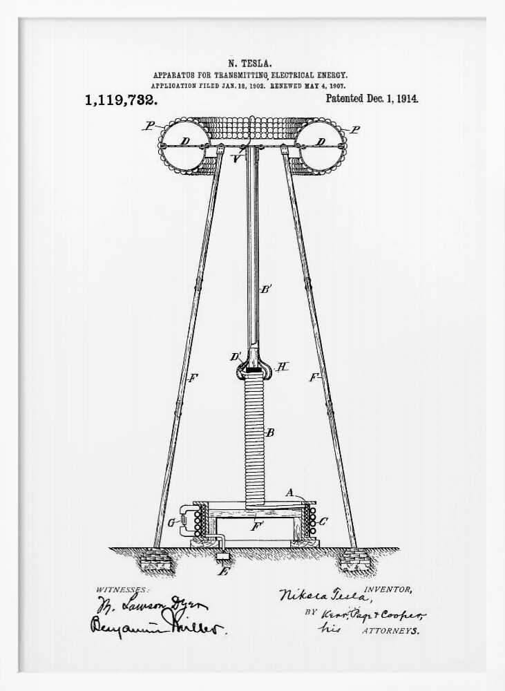 A framed black and white patent illustration by Nikola Tesla for an 'APPARATUS FOR TRANSMITTING ELECTRICAL ENERGY,' dated 1914. The technical drawing shows a large coil and tower structure with labeled parts, and includes signatures of the inventor and witnesses at the bottom. Wall Art