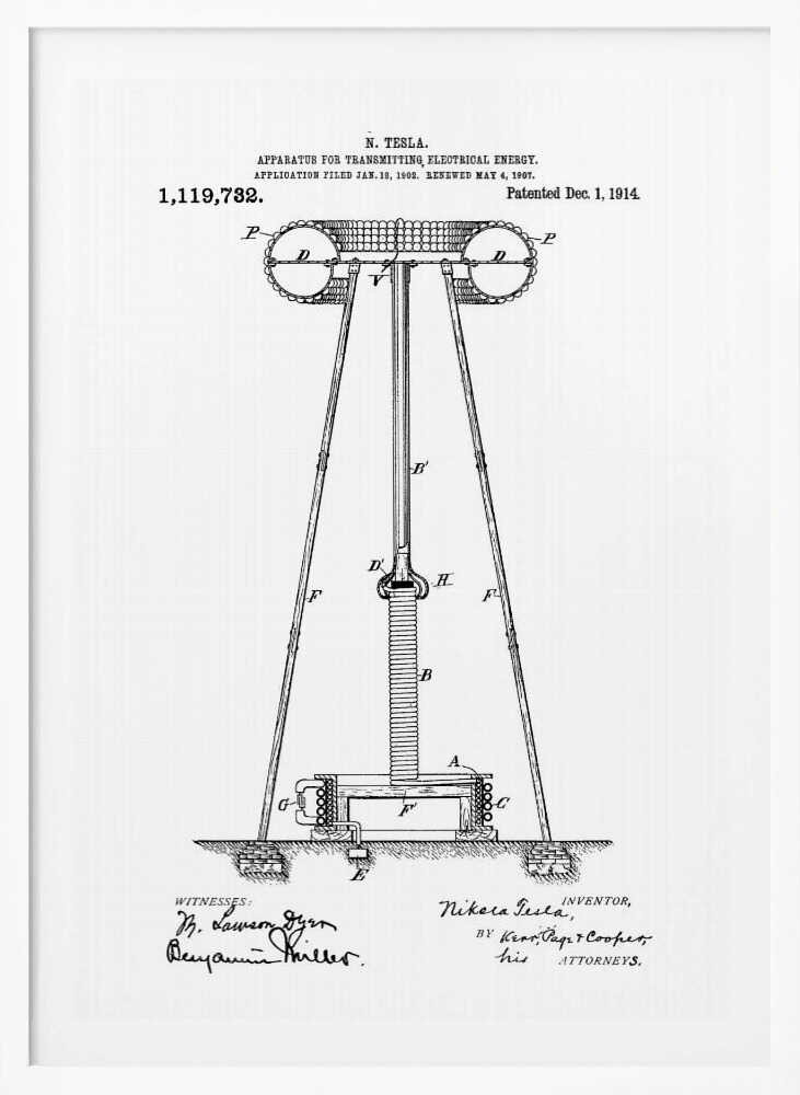 A framed black and white patent illustration by Nikola Tesla for an 'APPARATUS FOR TRANSMITTING ELECTRICAL ENERGY,' dated 1914. The technical drawing shows a large coil and tower structure with labeled parts, and includes signatures of the inventor and witnesses at the bottom. Wall Art