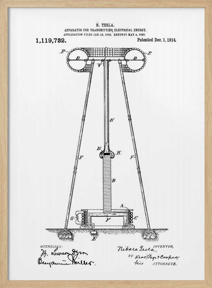A framed black and white patent illustration by Nikola Tesla for an 'APPARATUS FOR TRANSMITTING ELECTRICAL ENERGY,' dated 1914. The technical drawing shows a large coil and tower structure with labeled parts, and includes signatures of the inventor and witnesses at the bottom. Wall Art