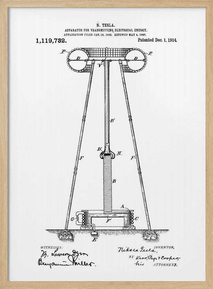 A framed black and white patent illustration by Nikola Tesla for an 'APPARATUS FOR TRANSMITTING ELECTRICAL ENERGY,' dated 1914. The technical drawing shows a large coil and tower structure with labeled parts, and includes signatures of the inventor and witnesses at the bottom. Wall Art
