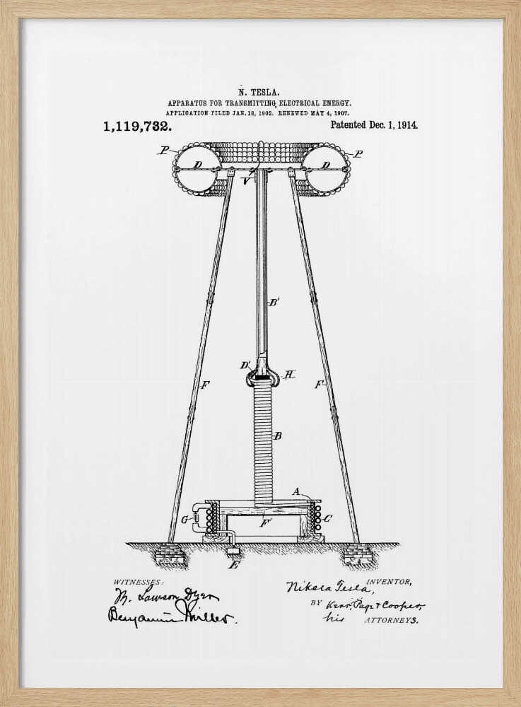 A framed black and white patent illustration by Nikola Tesla for an 'APPARATUS FOR TRANSMITTING ELECTRICAL ENERGY,' dated 1914. The technical drawing shows a large coil and tower structure with labeled parts, and includes signatures of the inventor and witnesses at the bottom. Wall Art