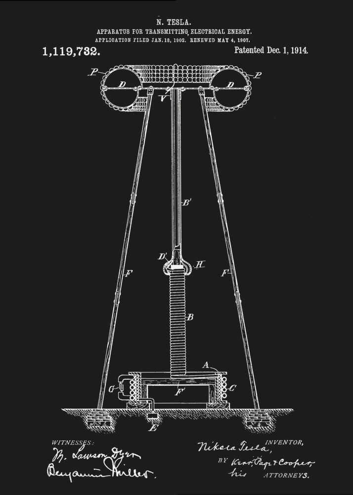 A framed black and white patent illustration by Nikola Tesla for his 'Apparatus for Transmitting Electrical Energy.' The diagram, dated December 1, 1914, shows a large coil and tower structure, with signatures of the inventor and witnesses at the bottom. Decor