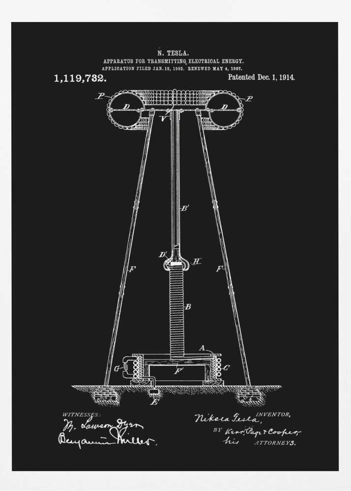 A framed black and white patent illustration by Nikola Tesla for his 'Apparatus for Transmitting Electrical Energy.' The diagram, dated December 1, 1914, shows a large coil and tower structure, with signatures of the inventor and witnesses at the bottom. Decor