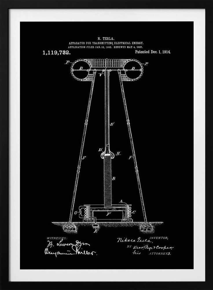 A framed black and white patent illustration by Nikola Tesla for his 'Apparatus for Transmitting Electrical Energy.' The diagram, dated December 1, 1914, shows a large coil and tower structure, with signatures of the inventor and witnesses at the bottom. Decor