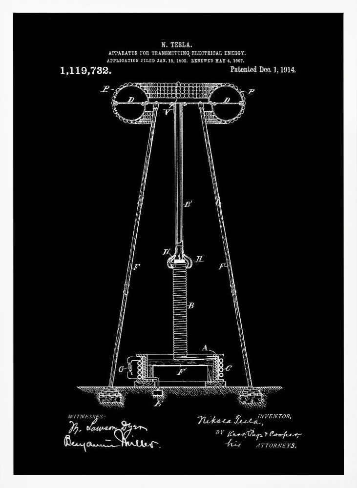 A framed black and white patent illustration by Nikola Tesla for his 'Apparatus for Transmitting Electrical Energy.' The diagram, dated December 1, 1914, shows a large coil and tower structure, with signatures of the inventor and witnesses at the bottom. Decor