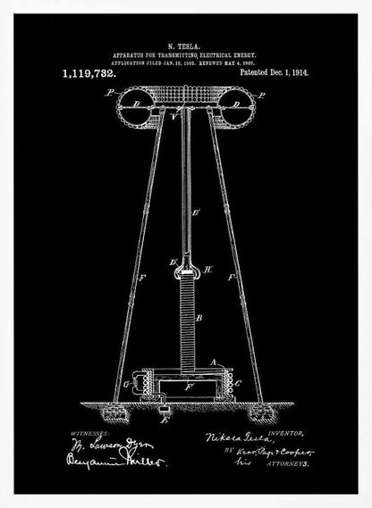 A framed black and white patent illustration by Nikola Tesla for his 'Apparatus for Transmitting Electrical Energy.' The diagram, dated December 1, 1914, shows a large coil and tower structure, with signatures of the inventor and witnesses at the bottom. Decor