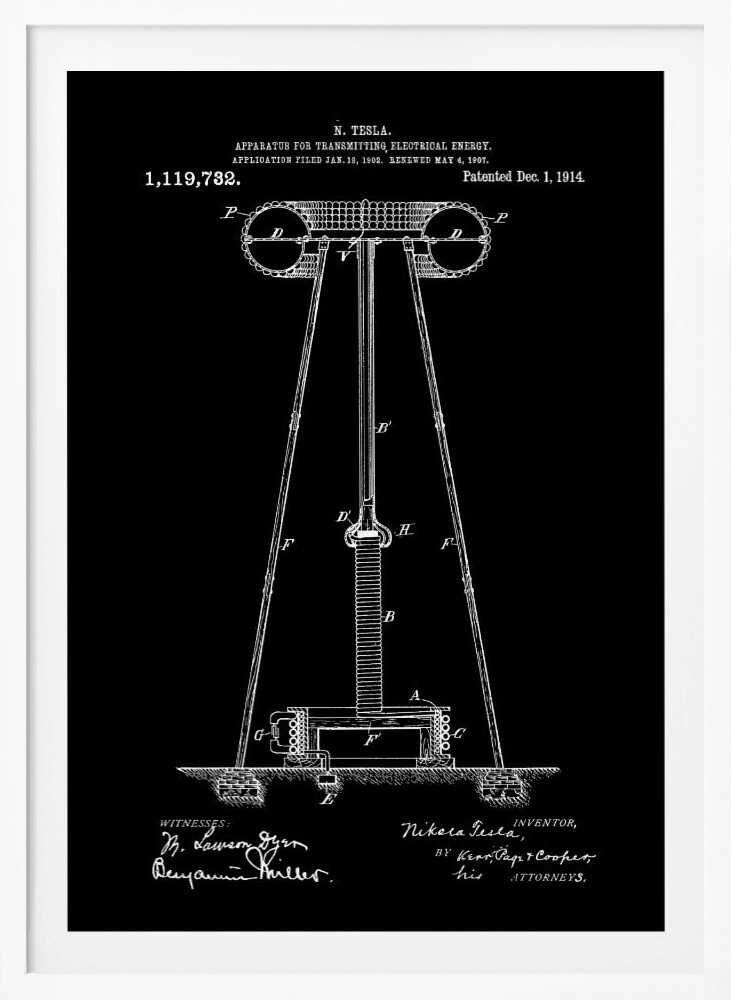 A framed black and white patent illustration by Nikola Tesla for his 'Apparatus for Transmitting Electrical Energy.' The diagram, dated December 1, 1914, shows a large coil and tower structure, with signatures of the inventor and witnesses at the bottom. Decor
