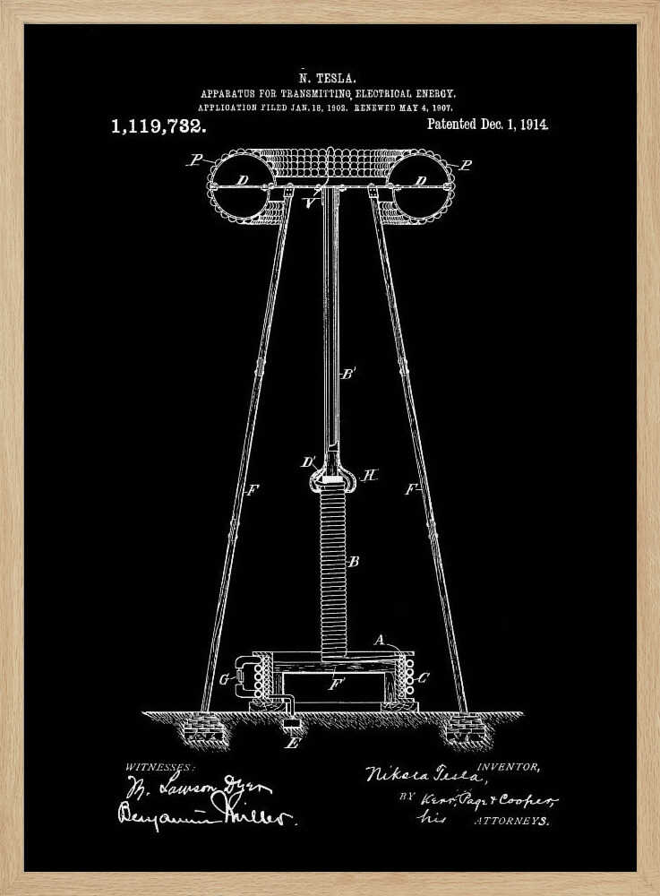 A framed black and white patent illustration by Nikola Tesla for his 'Apparatus for Transmitting Electrical Energy.' The diagram, dated December 1, 1914, shows a large coil and tower structure, with signatures of the inventor and witnesses at the bottom. Decor