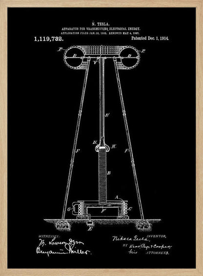 A framed black and white patent illustration by Nikola Tesla for his 'Apparatus for Transmitting Electrical Energy.' The diagram, dated December 1, 1914, shows a large coil and tower structure, with signatures of the inventor and witnesses at the bottom. Decor