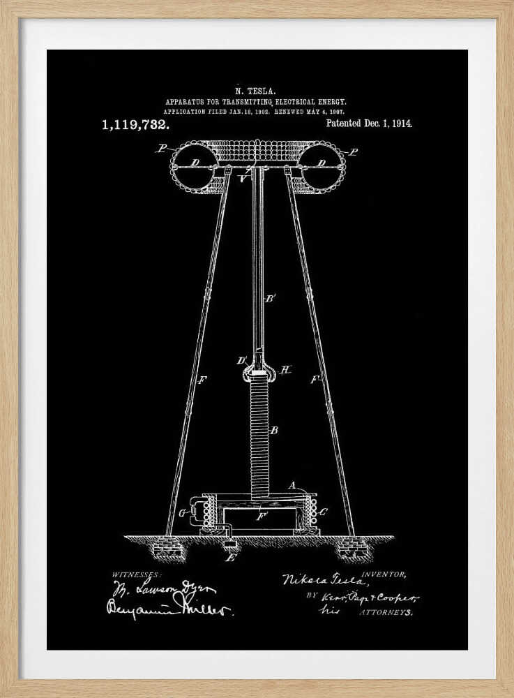 A framed black and white patent illustration by Nikola Tesla for his 'Apparatus for Transmitting Electrical Energy.' The diagram, dated December 1, 1914, shows a large coil and tower structure, with signatures of the inventor and witnesses at the bottom. Decor