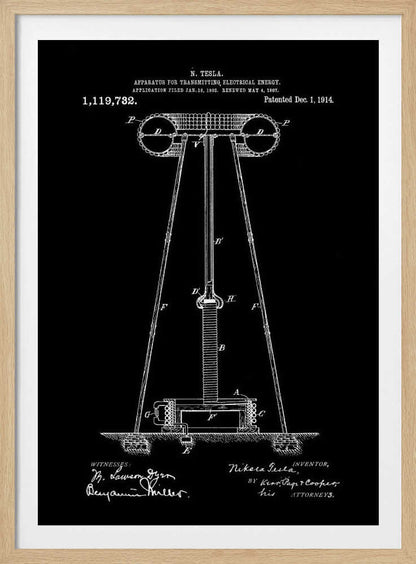 A framed black and white patent illustration by Nikola Tesla for his 'Apparatus for Transmitting Electrical Energy.' The diagram, dated December 1, 1914, shows a large coil and tower structure, with signatures of the inventor and witnesses at the bottom. Decor