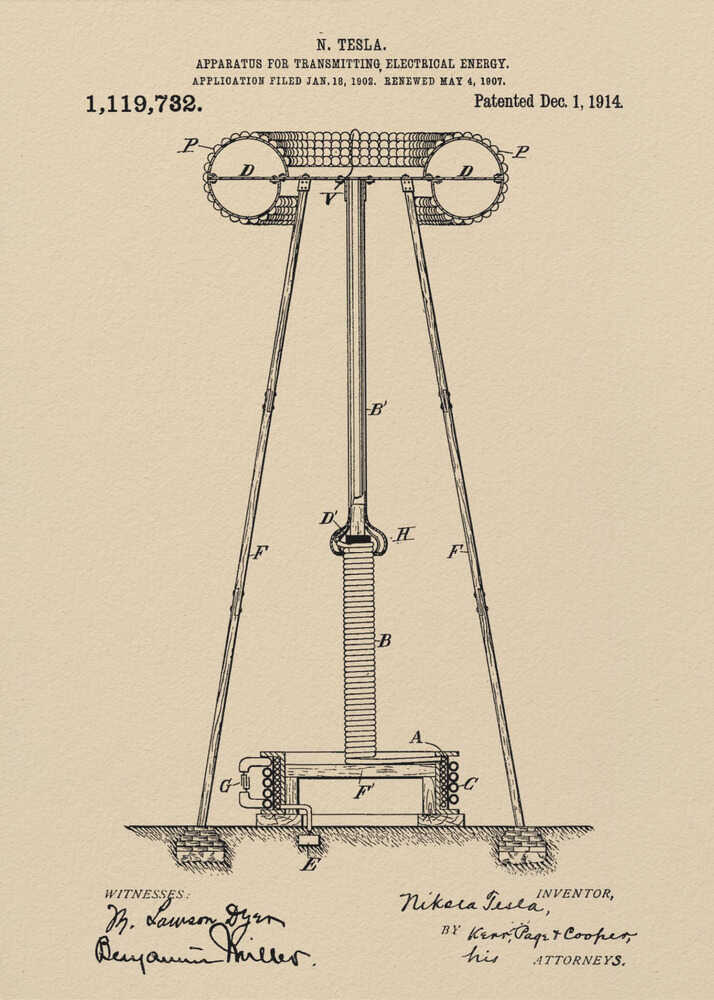 A framed vintage patent print of Nikola Tesla's 'Apparatus for Transmitting Electrical Energy,' dated 1914. The illustration shows a detailed technical drawing of a large tower-like structure on a beige parchment-style background, complete with patent number, dates, and signatures. Print