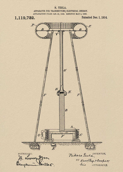 A framed vintage patent print of Nikola Tesla's 'Apparatus for Transmitting Electrical Energy,' dated 1914. The illustration shows a detailed technical drawing of a large tower-like structure on a beige parchment-style background, complete with patent number, dates, and signatures. Print