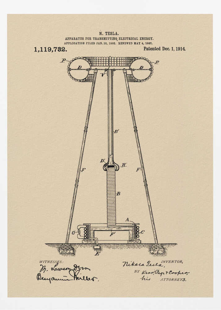 A framed vintage patent print of Nikola Tesla's 'Apparatus for Transmitting Electrical Energy,' dated 1914. The illustration shows a detailed technical drawing of a large tower-like structure on a beige parchment-style background, complete with patent number, dates, and signatures. Print