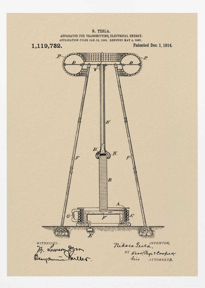 A framed vintage patent print of Nikola Tesla's 'Apparatus for Transmitting Electrical Energy,' dated 1914. The illustration shows a detailed technical drawing of a large tower-like structure on a beige parchment-style background, complete with patent number, dates, and signatures. Print