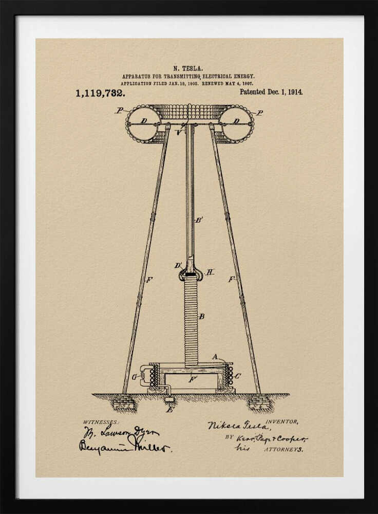 A framed vintage patent print of Nikola Tesla's 'Apparatus for Transmitting Electrical Energy,' dated 1914. The illustration shows a detailed technical drawing of a large tower-like structure on a beige parchment-style background, complete with patent number, dates, and signatures. Print