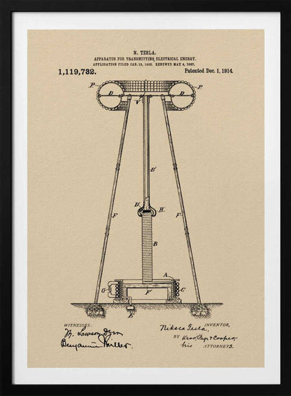 A framed vintage patent print of Nikola Tesla's 'Apparatus for Transmitting Electrical Energy,' dated 1914. The illustration shows a detailed technical drawing of a large tower-like structure on a beige parchment-style background, complete with patent number, dates, and signatures. Print