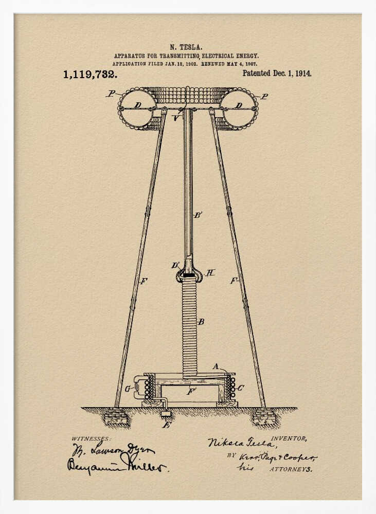 A framed vintage patent print of Nikola Tesla's 'Apparatus for Transmitting Electrical Energy,' dated 1914. The illustration shows a detailed technical drawing of a large tower-like structure on a beige parchment-style background, complete with patent number, dates, and signatures. Print